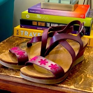 Whimsical size 10 leather and cork wedge sandals with floral motif